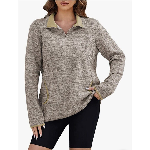 Aleumdr Tops - NWT Aleumdr Women's Casual Khaki Long Sleeve 1/4 Zip Pullover Sweatshirt Size XL